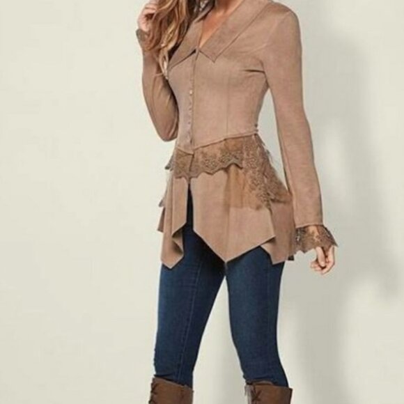 Venus Coco Faux Suede & Lace Asymmetrical Hem Shirt / Jacket Size Small - Picture 1 of 12